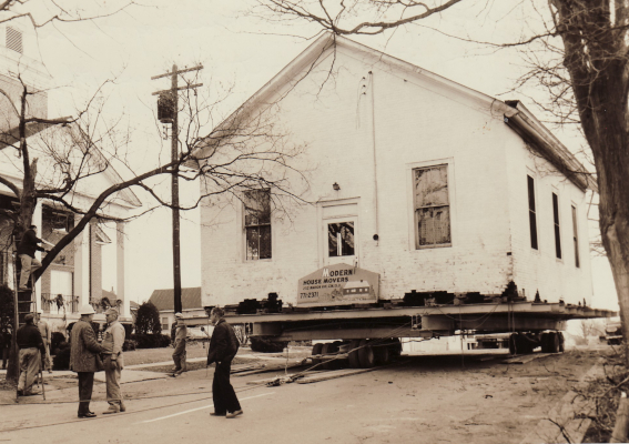 The Free Meeting House being moved to its location as the Mt. Healthy Historical Society Museum, mid-1960s